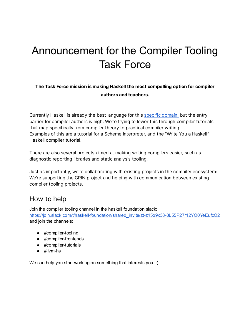 Compiler Tooling Task Force announcement 8 january 2022
